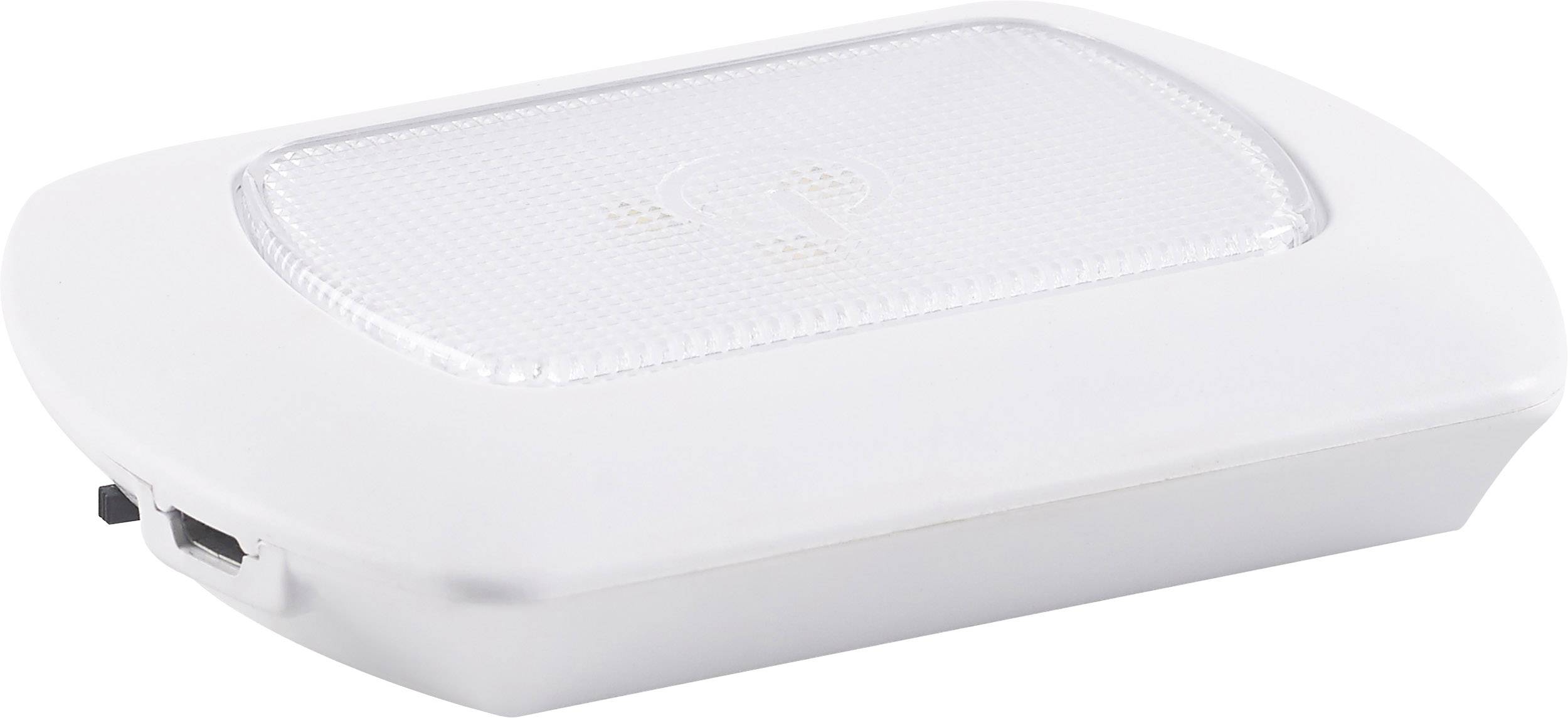 En vit, rektangulär LED-ljusbrytare med en lätt välvd yta och en USB-port på sidan.