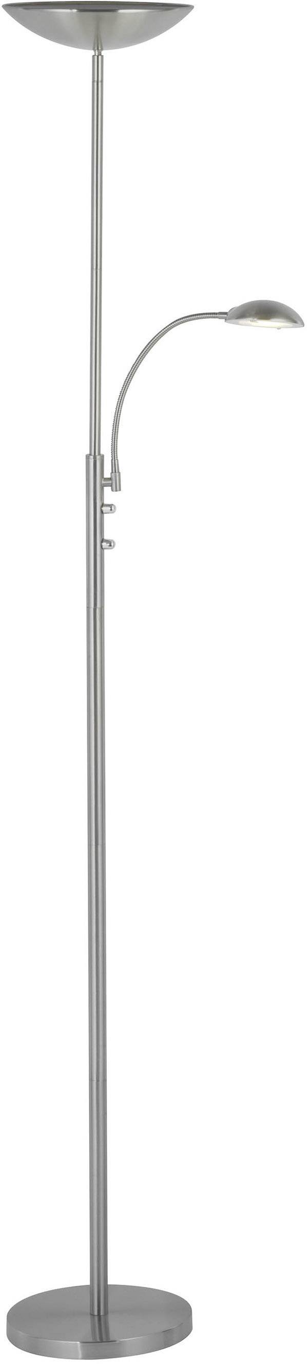 Golvlampa i borstat silver med två lampskärmar, en stor riktad uppåt och en mindre böjd arm för läsbelysning.