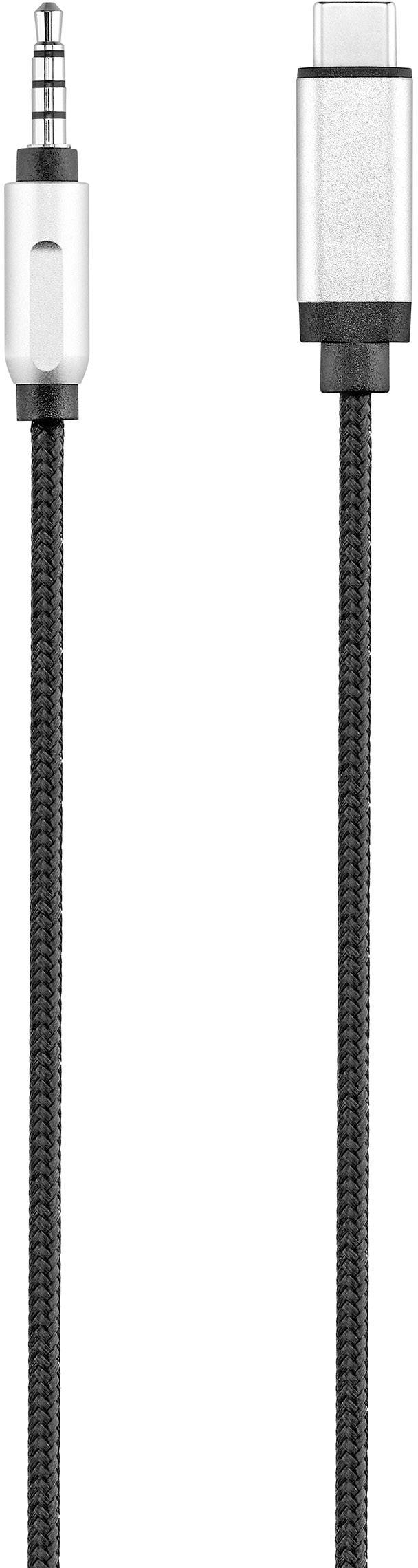 En flätad kabel med en 3,5 mm ljudkontakt på vänster sida och en USB-C-kontakt på höger sida.