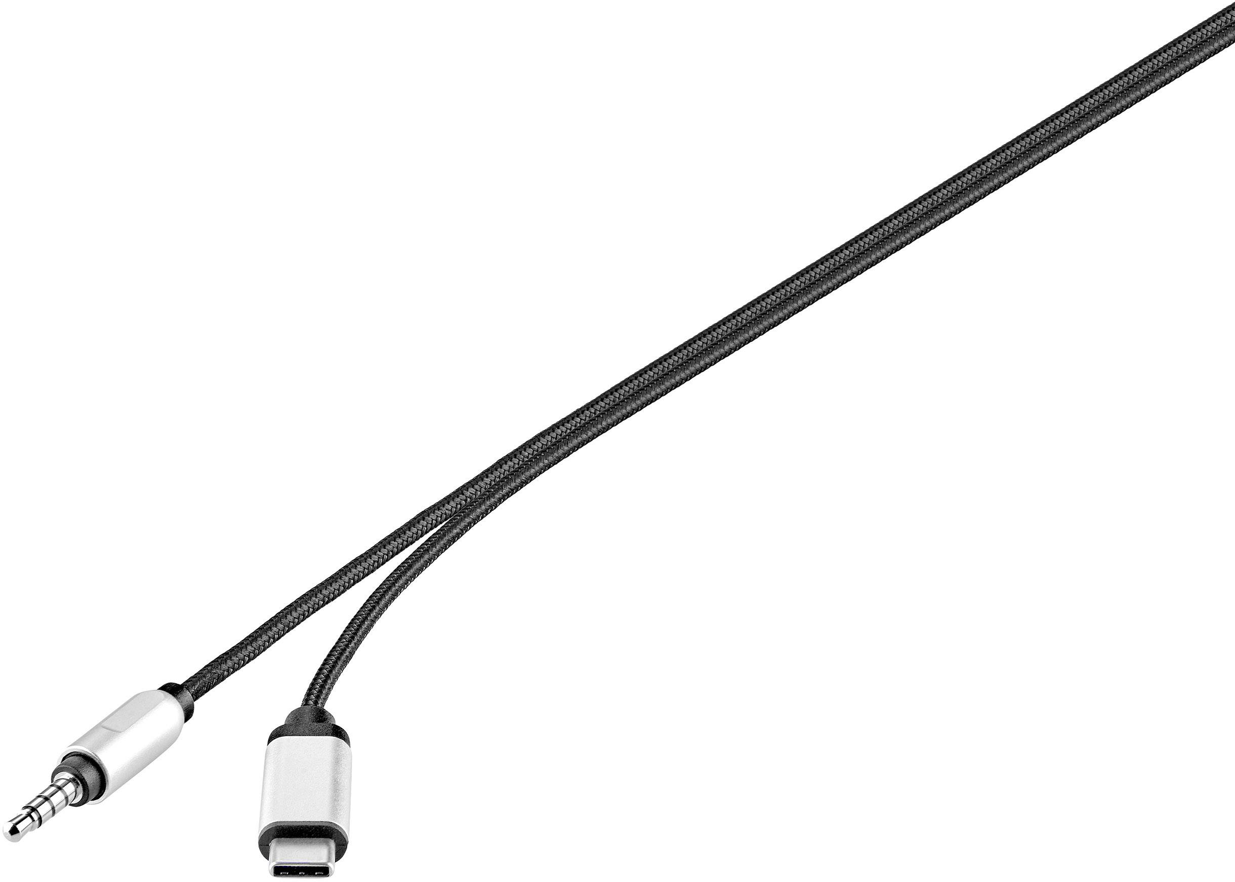En svart kabel med en 3,5 mm hörlursuttag och en USB-C-kontakt.