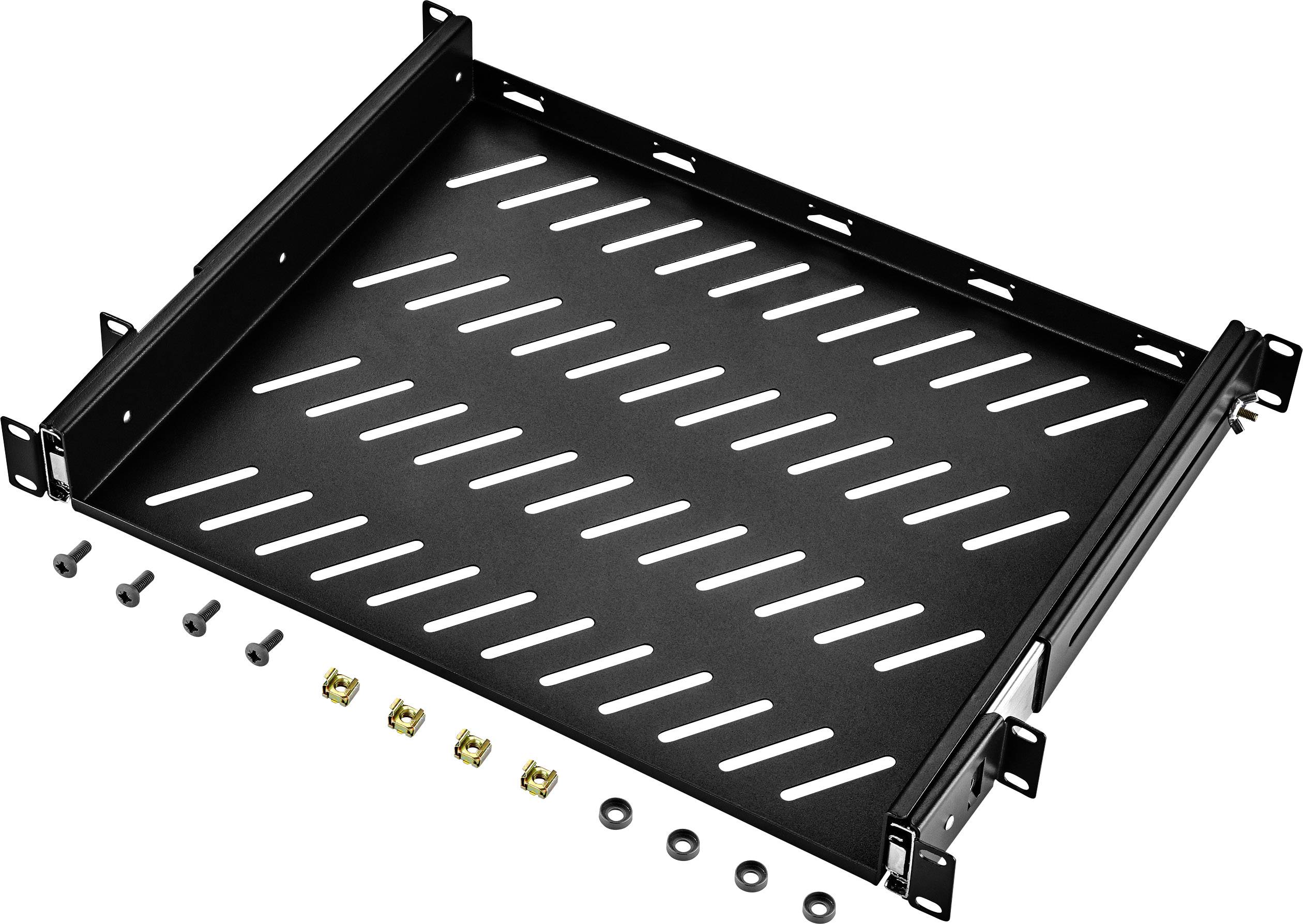 Ett svart, perforerat rackhyllplan med sidofästen, skruvar och monteringstillbehör, lämpligt för montering i ett serverrack.