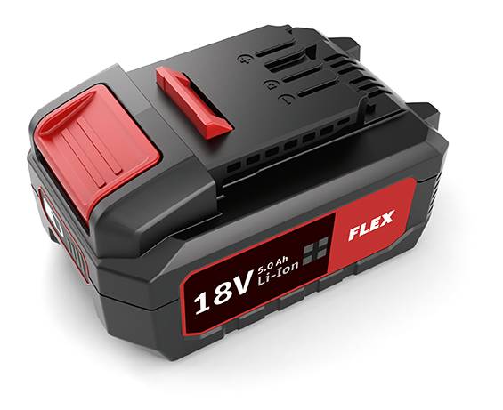 Uppladdningsbar 18V litium-jon-batteri med röd låsning. Text: '5,0 Ah Li-ion'. Lämplig för elverktyg.