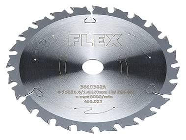 Metallcirkelblad med inskriften 'FLEX'. Diameter: 165 mm. 22 tänder. Maximal varvtal: 6000 varv/min.