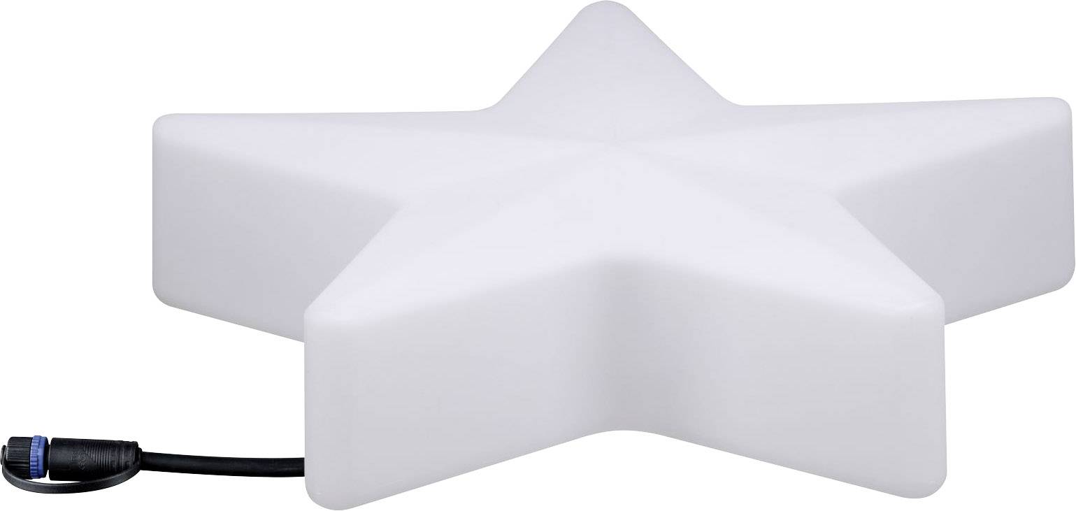 Vit, stjärnformad lampa med svart sladd.