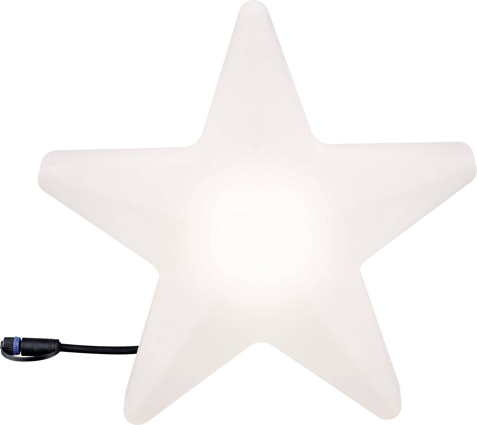 Vit stjärnlampa med svart kabel, lyser starkt.