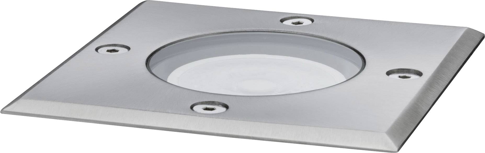 Kvadratisk golvlampa i metall med centralt runt glas. Fyra synliga skruvar i hörnen.