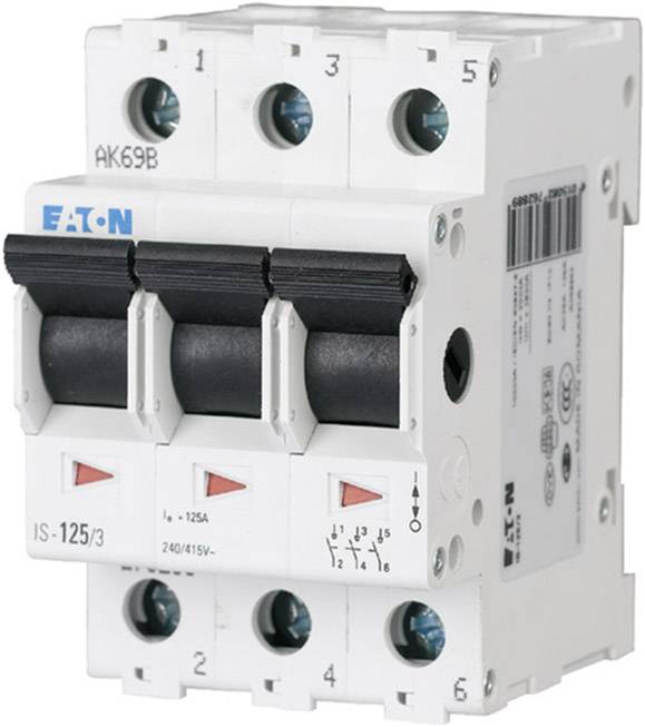 En trepolig effektbrytare från Eaton med beteckningen 'IS-125/3', lämplig för 240/415V.