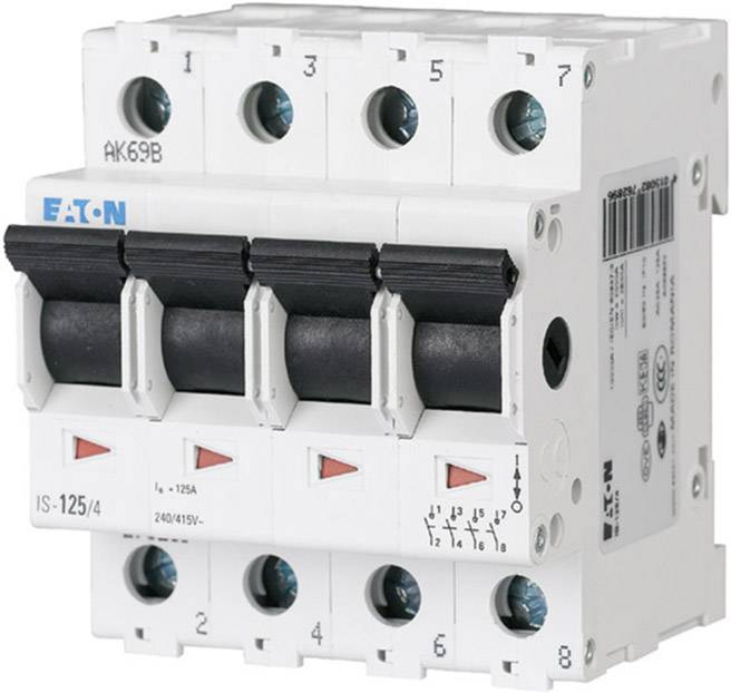 En fyrpolig effektbrytare från märket 'Eaton', modell IS-125/4, lämplig för 125A och spänningar upp till 240/415V, med omkopplings- och varningssymboler.