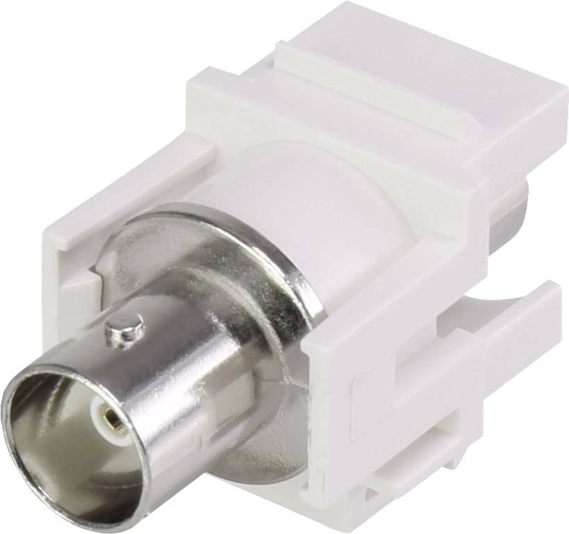 En vit BNC-kontaktadapter, lämplig för anslutning av koaxialkablar i audio- eller videosystem.