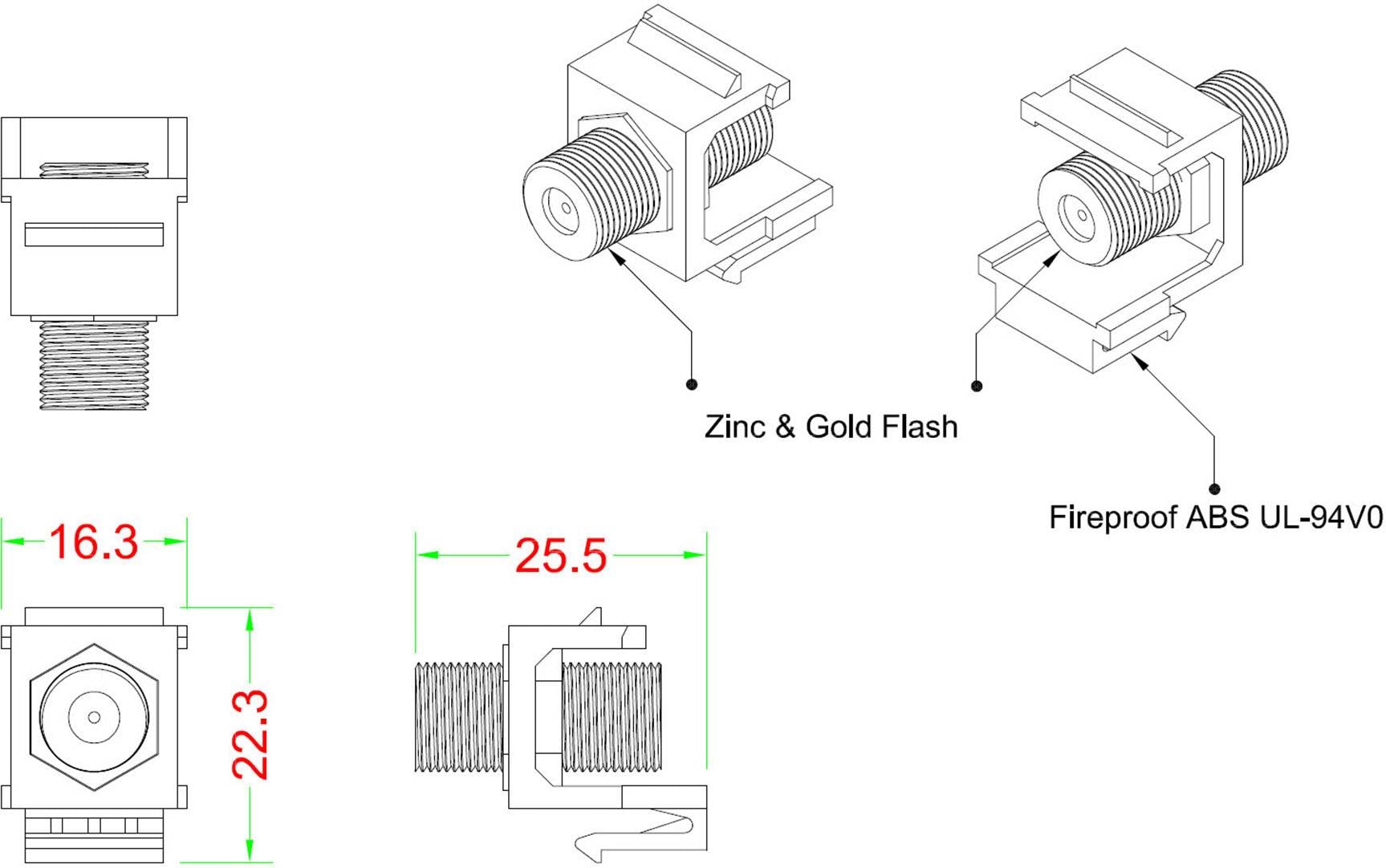 Teckning av en elektrisk kontakt med dimensioner. Materialinformation: 'Zink & Guldplätering' och 'Brandsäker ABS UL-94V0'.