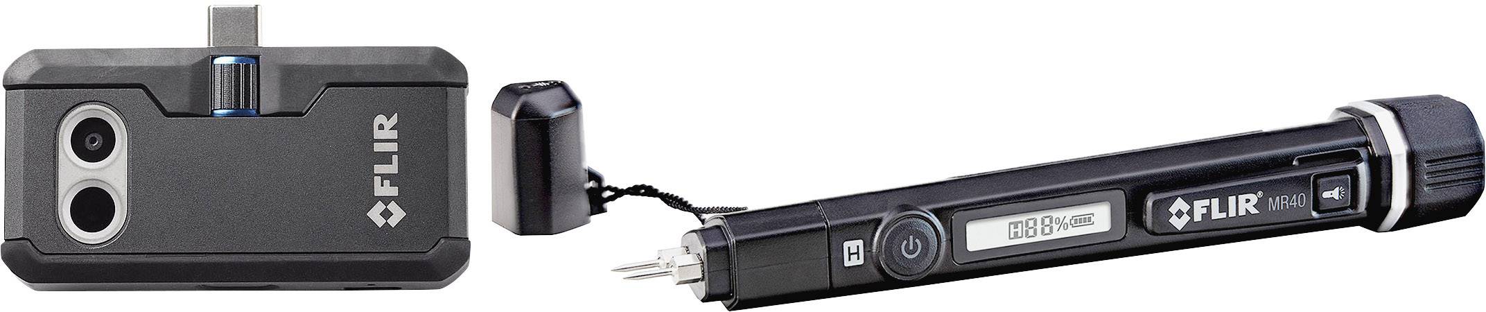 'FLIR' värmekameramodul och testinstrument. Modul visar optisk och värmekameriteknik, testinstrument med digitalskärm för mätteknologi.