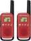 Två röda Walkie-Talkies från Motorola med svart antenn och display som visar siffran '8'.