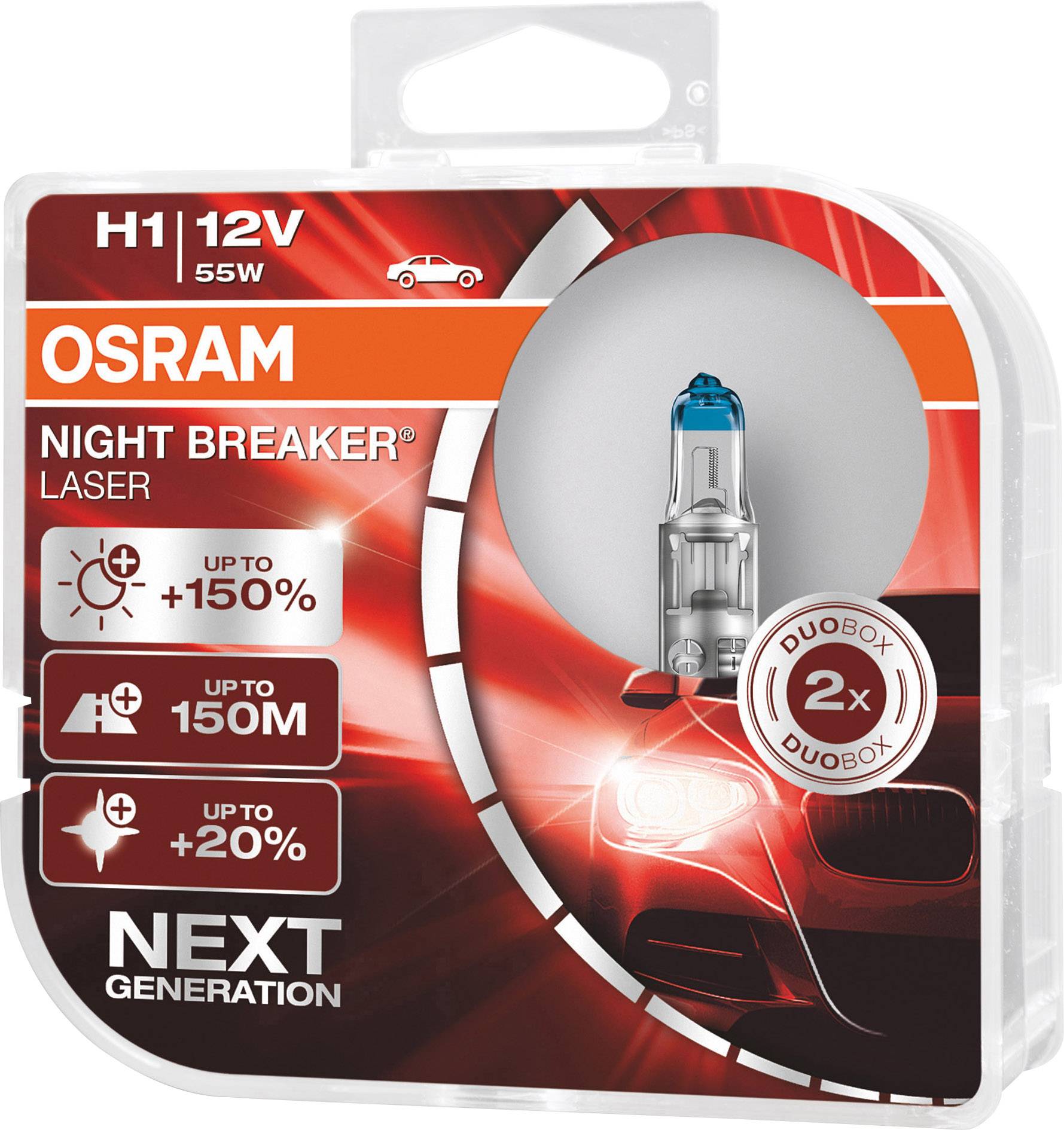 En förpackning med Osram Night Breaker Laser H1 strålkastarlampa, 12V, 55W. Upp till 150% mer ljusstyrka och 150 meters räckvidd.