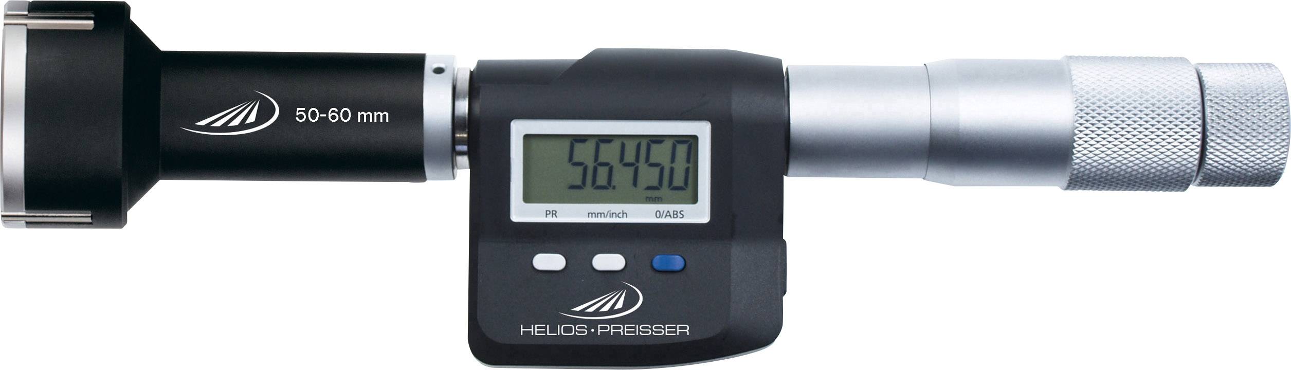 Digitalt yttre mikrometer med LCD-display visar '56,450'. Mätområde 50-60 mm. Silverfärgad skaft, svart hölje, tre manöverknappar.