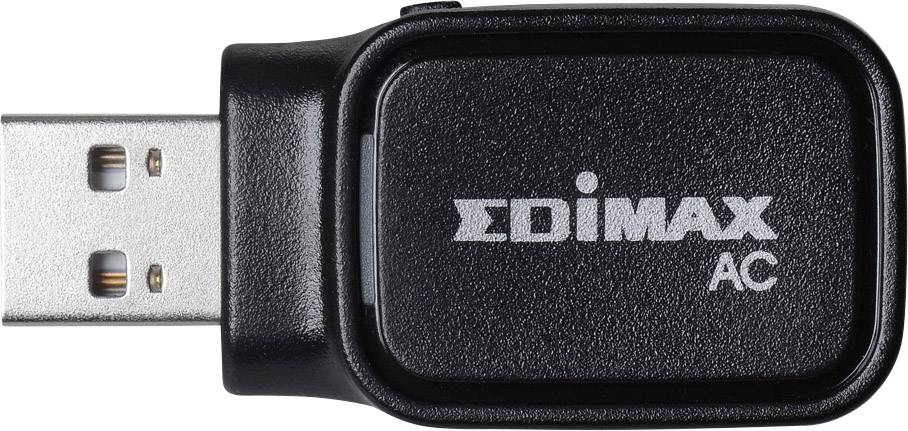 En svart USB WLAN-adapter med texten 'EDIMAX AC' på framsidan.
