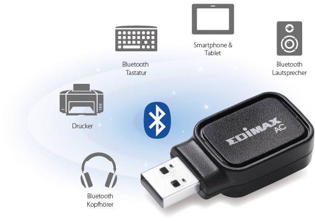 USB-Bluetooth-adapter ansluter trådlöst till skrivare, Bluetooth-tangentbord, smartphone, surfplatta, Bluetooth-högtalare och hörlurar.