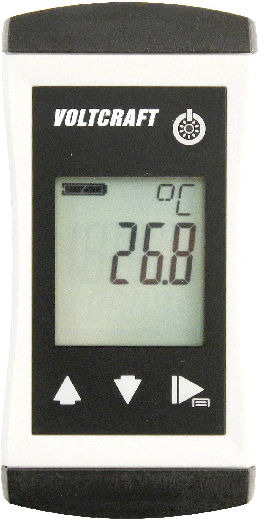 Digitalt termometer med påskriften 'Voltcraft' visar 26,8 °C. Svart och vitt hölje. Knappar synliga därunder.