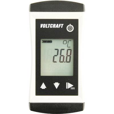 Digitalt termometer med påskriften 'Voltcraft' visar 26,8 °C. Svart och vitt hölje. Knappar synliga därunder.