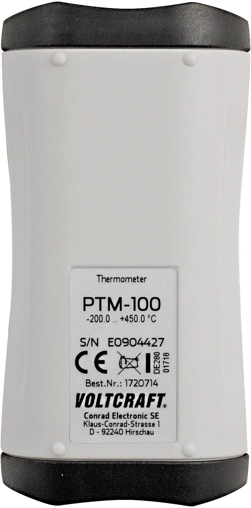 Termometer PTM-100, temperaturintervall -200°C till 450°C, tillverkare Voltcraft, serienummer, CE-märkning synlig.