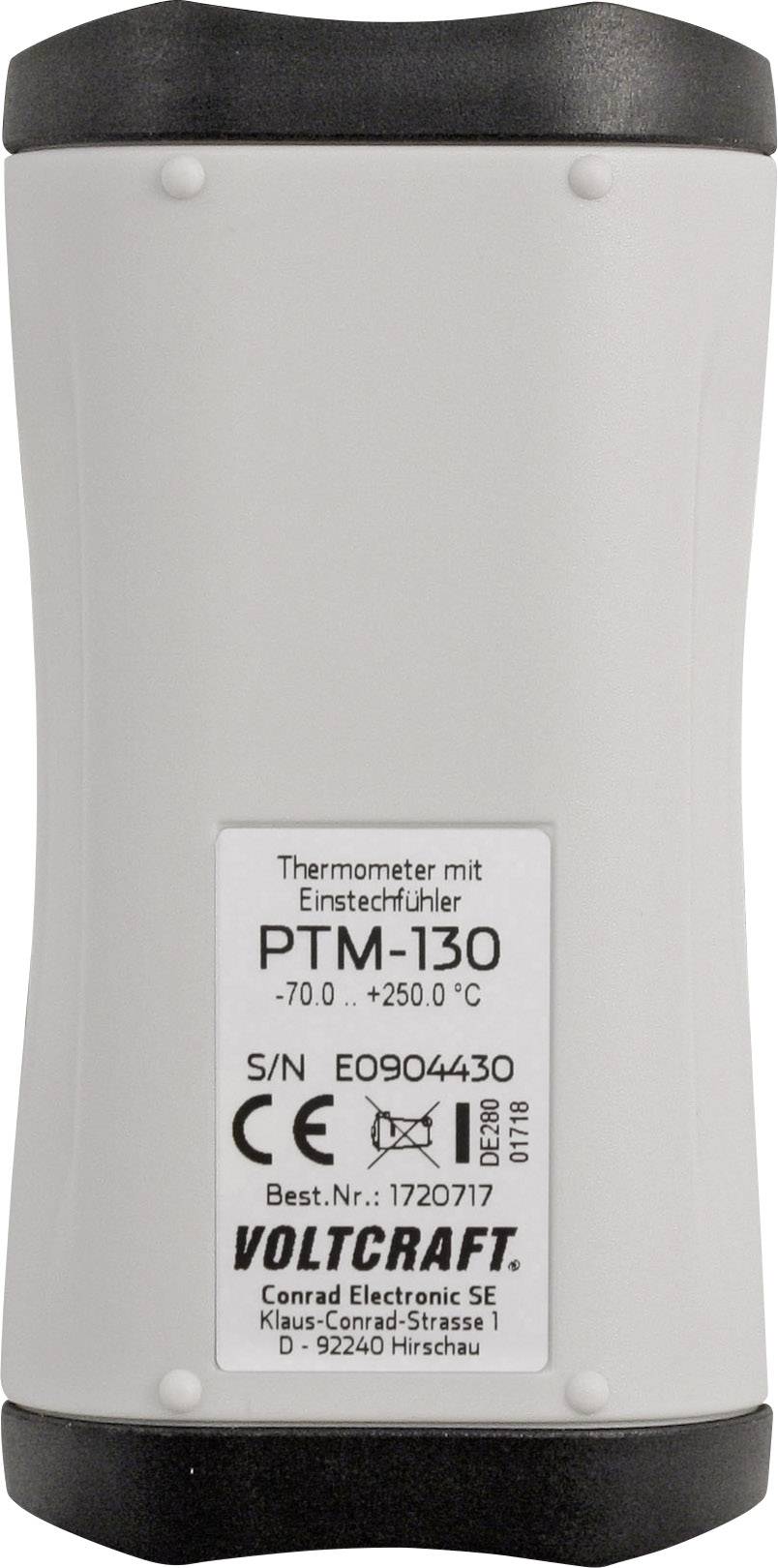 Bärbar termometer "PTM-130" från Voltcraft med mätområde -70°C till +250°C. Etikett med serienummer och CE-märkning synlig.