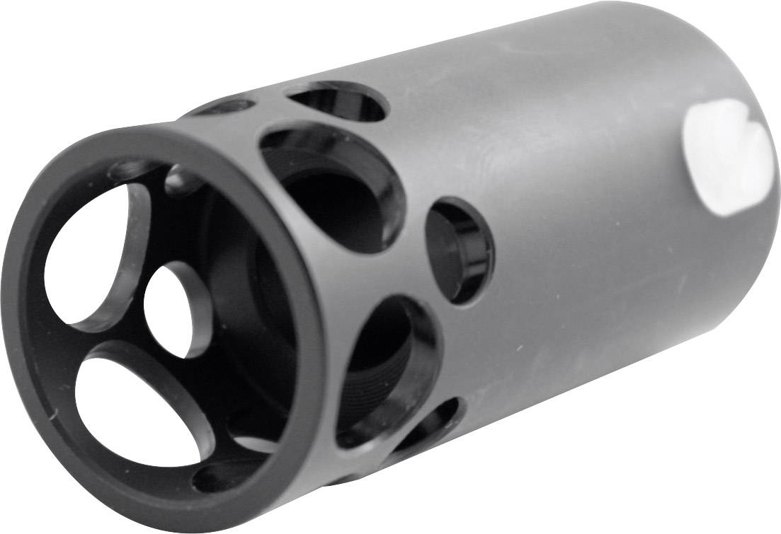 Grå metallcylinder med stora, runda öppningar på sidorna.