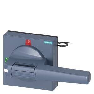En grå manövreringsanordning för omkopplare från Siemens med en röd och grön indikator. Den visar på/av-positioner.