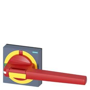 En röd strömbrytare med en gul cirkulär symbol på en grå bas, sannolikt en säkerhetsbrytare för strömavkoppling.