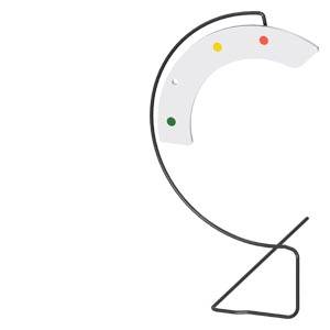 En snett diagonalt placerad halvcirkel med färgade punkter: grön, gul, röd, monterad på ett svart triangelformat stativ.