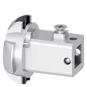 Metalliskt maskinelement med cylindriskt huvud, rektangulär kropp och skruvfäste.