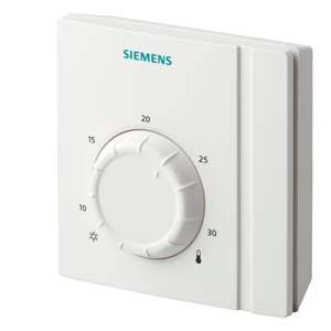 En Siemens termostat med en vred för temperaturinställning mellan 10 och 30 grader Celsius, innehåller symboler för solsken och uppvärmning.