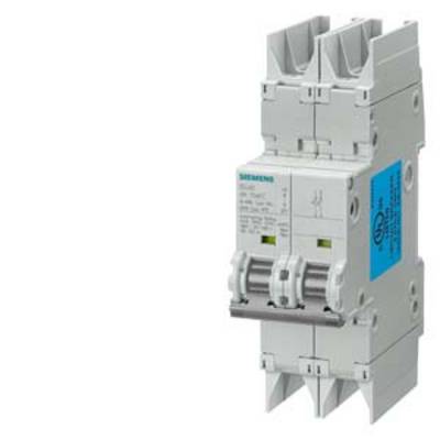 En vit, tvåpolig effektbrytare från Siemens med blå etikett, använd för att säkra elektriska kretsar.