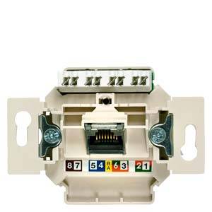 RJ45-nätverksuttag med åtta färgkodade portar och skruvar för väggmontering.