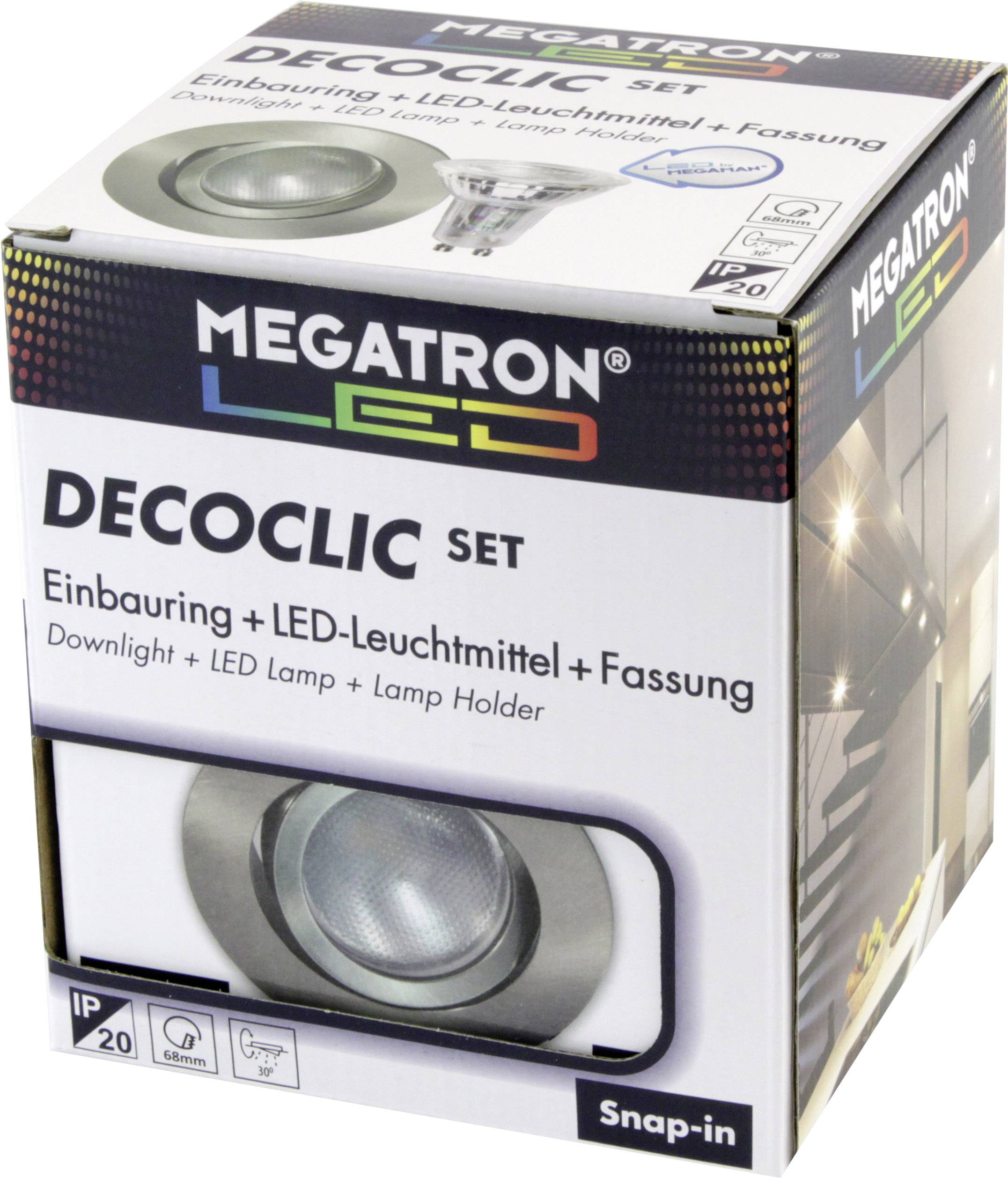 'MEGATRON LED DECOCLIC SET' Förpackning; innehåller en infälld och LED-lampa. Lämplig för IP20, energieffektiv belysningslösning.