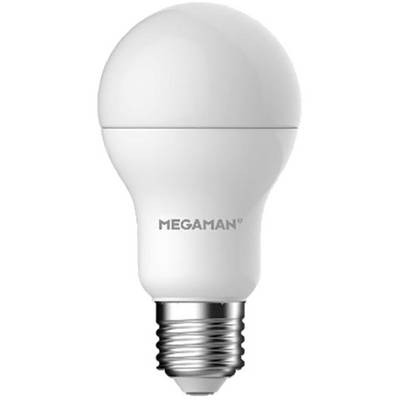 Bilden visar en vit LED-glödlampa från märket Megaman med klassisk kolvform och E27-sockel.