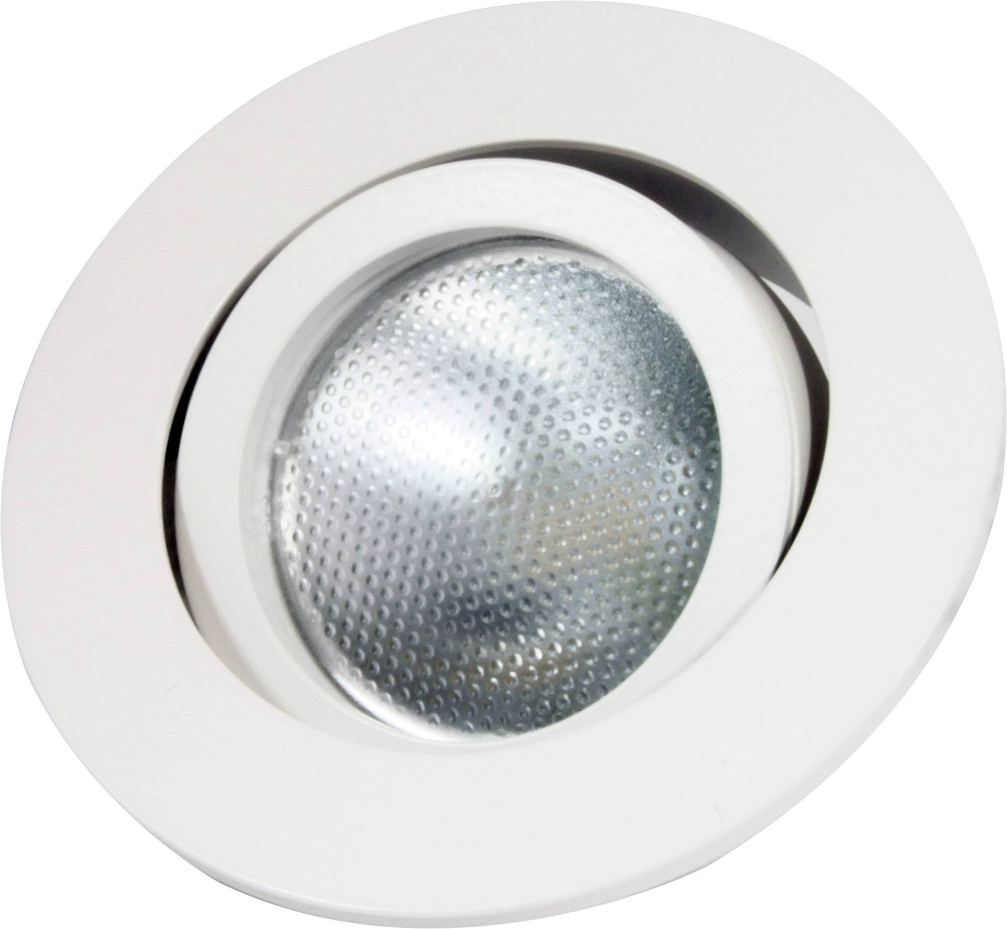 Infälld lampa med vit ram och silverfärgad, rutnätsformad reflektor. Perfekt för modern takdesign.