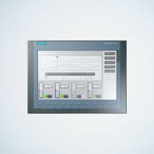 En Siemens SIMATIC HMI-panel visar ett användargränssnitt med diagram och kontroller för övervakning och styrning av processer.