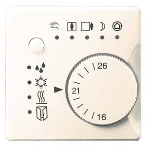 En vit termostat med ett vred som visar temperaturer från 16 till 26 grader, och symboler för värme- och kyllägen.