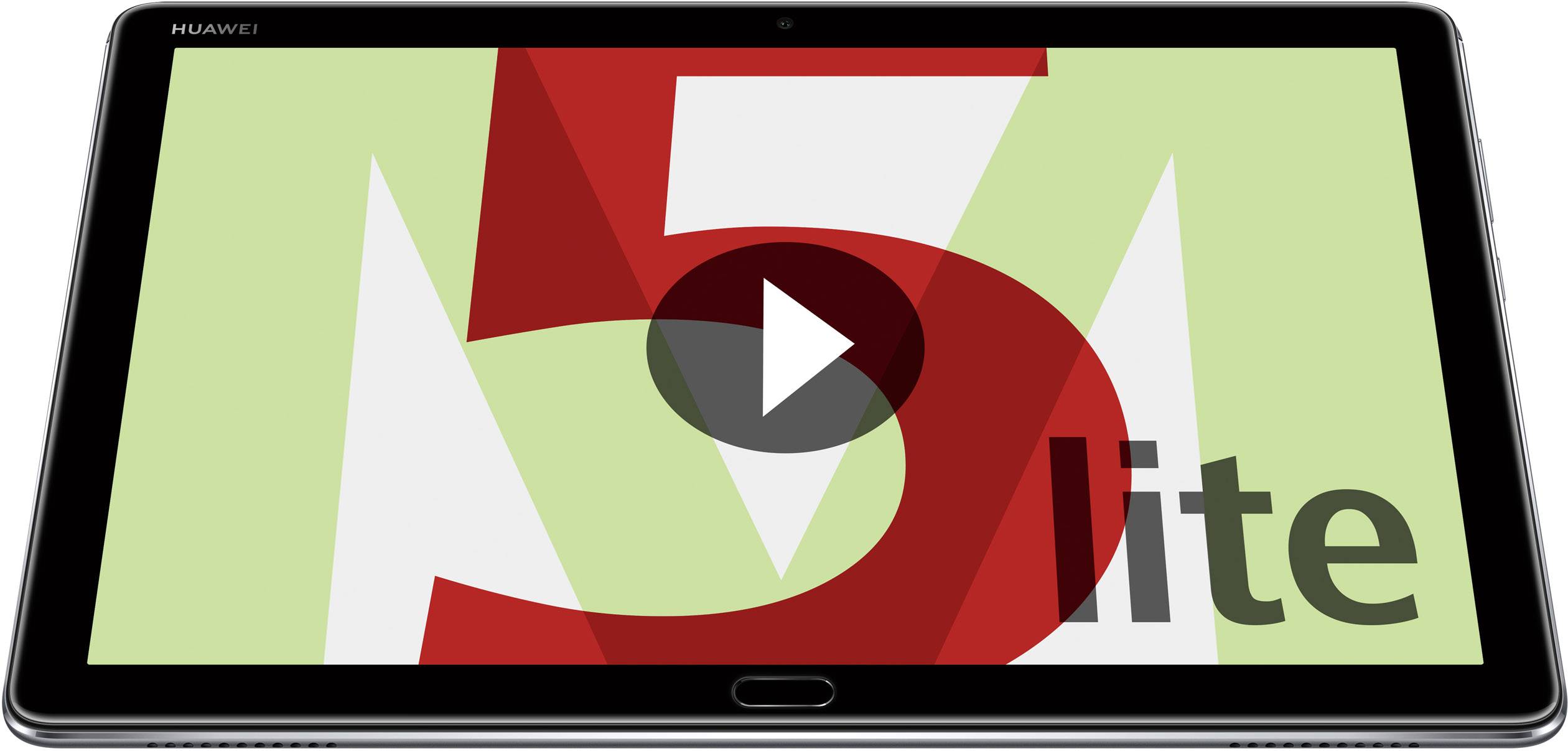 Huawei-surfplatta med stor skärm, visar 'M5 lite' i röda och gröna bokstäver. I centrum finns en uppspelningssymbol.