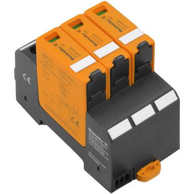 Överspänningsskyddsapparat med tre orangefärgade moduler för installation i elektriska kopplingsskåp.