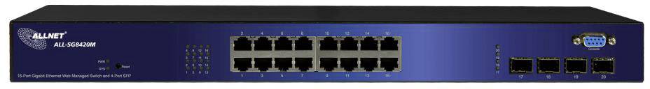En router med 24 Ethernet-portar och 4 fiberoptiska portar, lämplig för användning i stora nätverk.