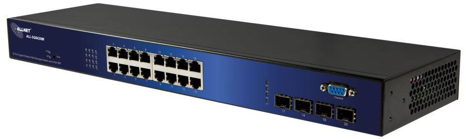 Nätverksswitch med 16 Ethernet-portar och 4 fiberoptiska anslutningar, lämplig för företagsnätverk.