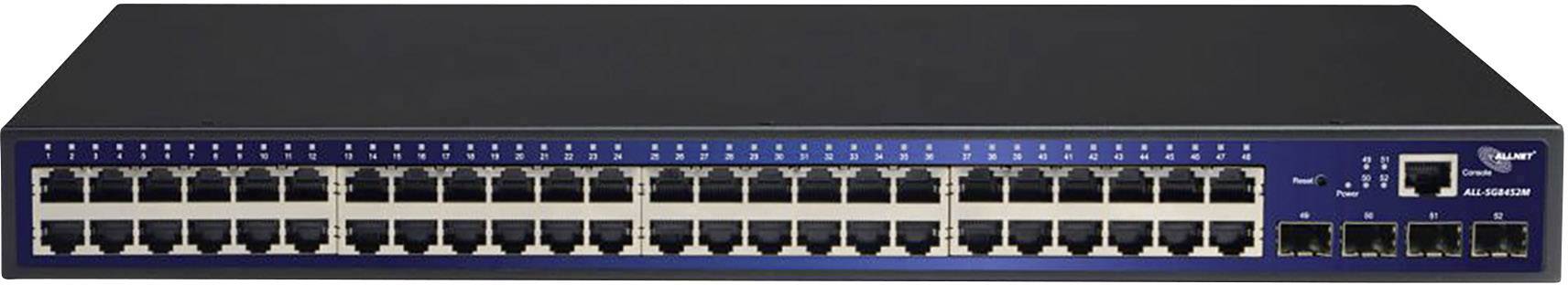 Nätverksswitch med 48 Ethernet-portar och 4 extra fiberoptiska anslutningar, lämplig för stora företagsnätverk.