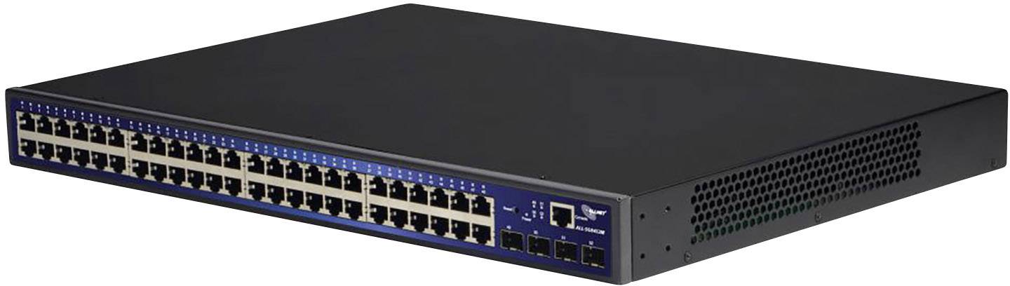 En nätverksswitch med 48 Ethernet-portar och 4 SFP-portar, lämplig för anslutning av flera enheter i ett nätverk.