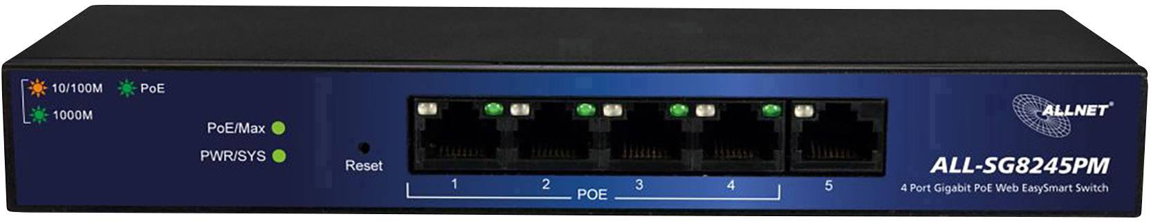En 5-ports Gigabit PoE-switch med LED-indikatorer för nätverksstatus och strömförsörjning. Varumärket 'ALLNET' är synligt.