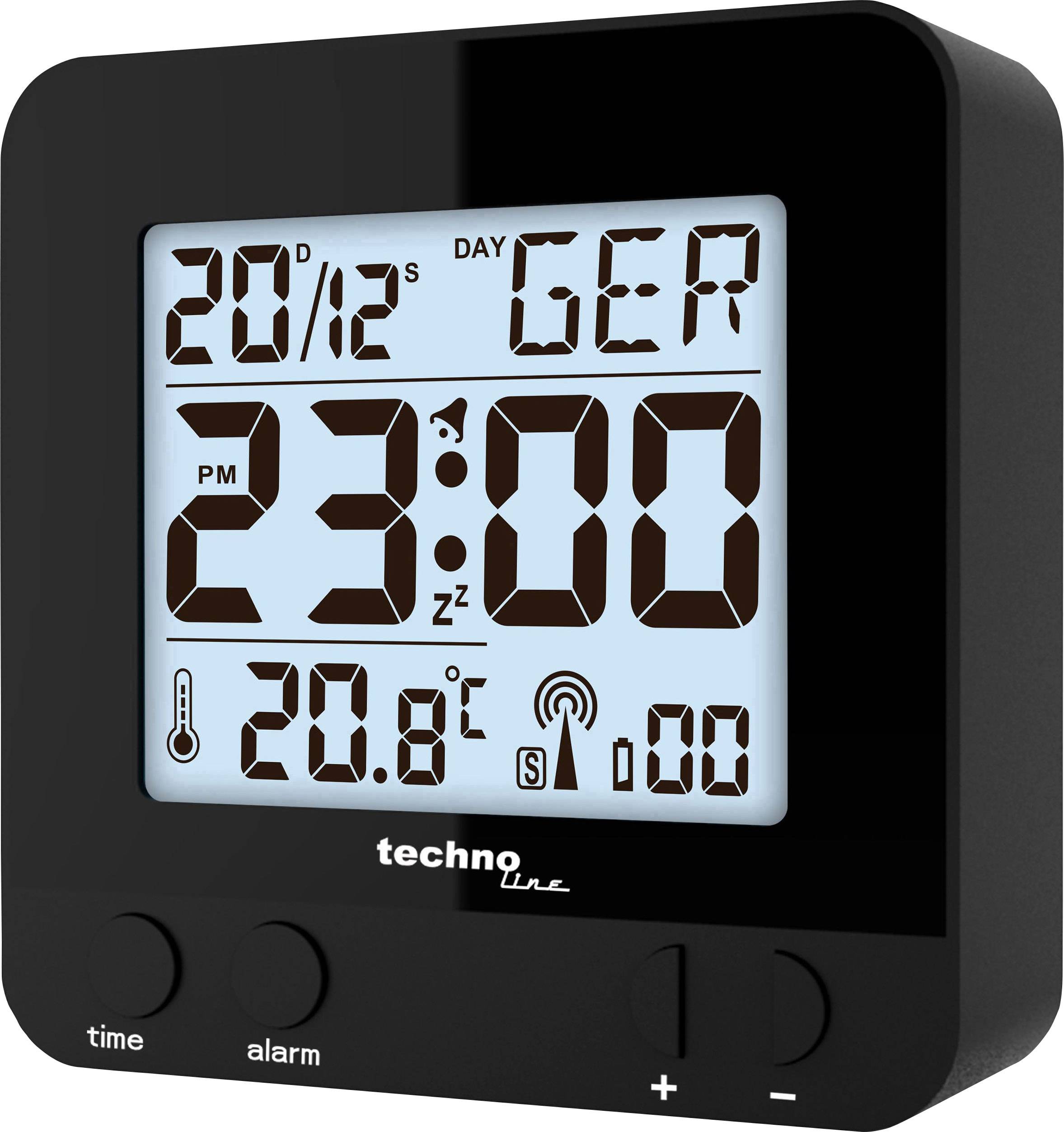 Svart digital väckarklocka visar 20 december, 23:00. Temperatur: 20,8°C. DCF77-radiostyrd klock- och larmsymboler synliga.