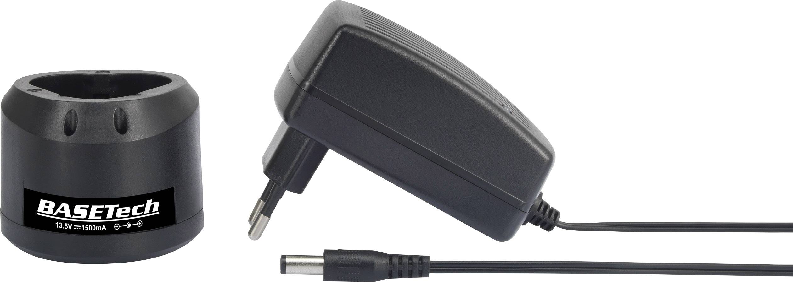 Ett svart laddare med EU-kontakt och en separat ackumulatorhållare från BASetech. Lämplig för 11,5V/1000mA.