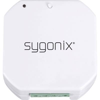 En vit, kvadratisk smart hem-switch med avrundade hörn som bär logotypen 'sygonix'.