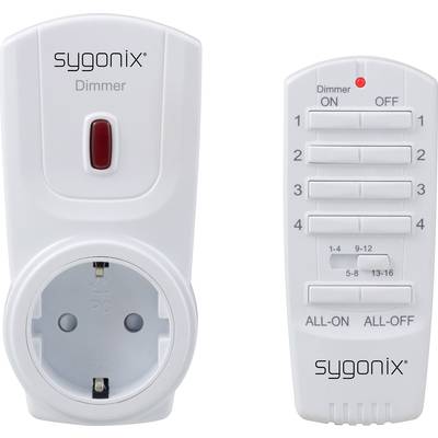 Sygonix kontaktdimmer med fjärrkontroll. Till vänster: Uttag med röd strömbrytare, till höger: Fjärrkontroll med sex knappar.
