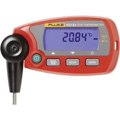Rött digitalt termometer visar '20,84°C'. Märke: Fluke, Modell: 1551 Ex Stik. Temperaturintervall: -50°C till 160°C.