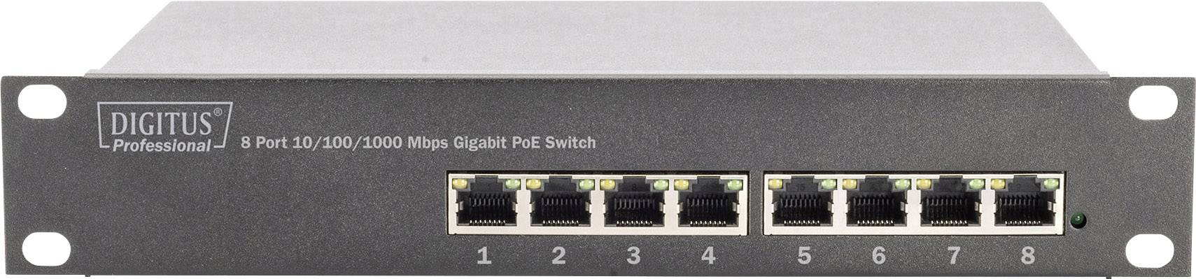 En 8-ports Gigabit PoE-switch med hastigheter på 10/100/1000 Mbit/s. Enheten är från märket Digitus Professional.